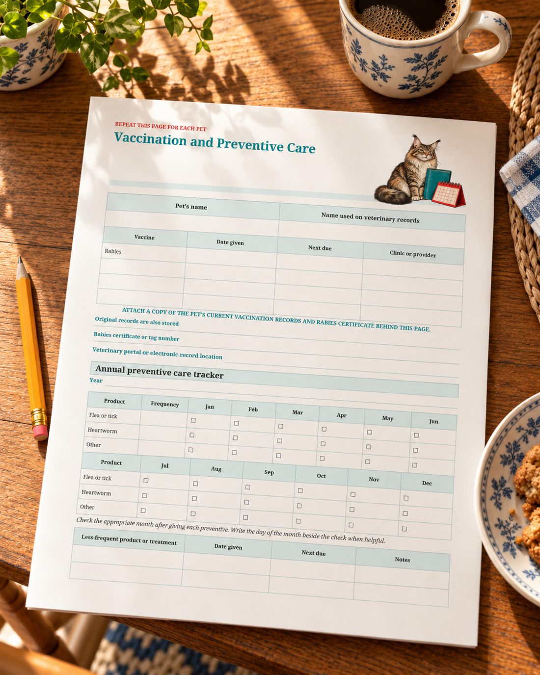 Pet vaccination and preventive care printable page